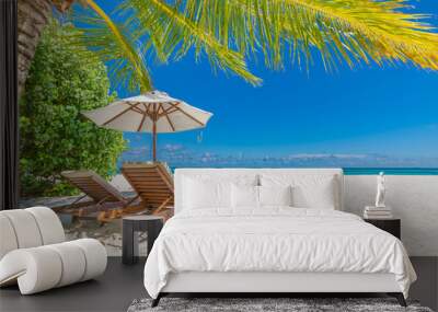 Perfect tranquil beach scene, soft sunlight and white sand and blue endless sea as tropical landscape. Luxury resort hotel, vacation and holiday landscape Wall mural