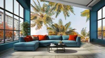 summer beach background palm trees against blue sky banner panorama, travel destination. tropical be Wall mural