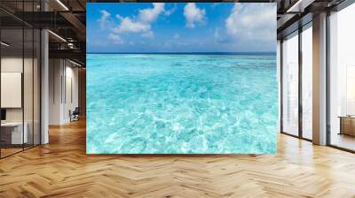 Sunny blue sea and sky. Clear calm ocean bay, peaceful waves. Earth environment day concept. Seascape relaxing clouds. Tourism island coast, beach landscape. Horizon peaceful water surface skyline Wall mural