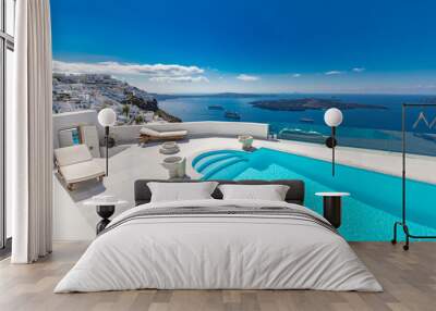 Swimming pool with sea view. White architecture on Santorini island, Greece. Beautiful landscape with blue sea view, luxury travel and vacation background Wall mural