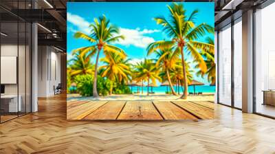 Top of wooden table with seascape palm leaves, blur bokeh beach. Sunny calm sea sky tropical beach background. Copy space for your product. Perfect summer vacation tourism background concept. AI gen Wall mural