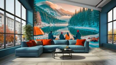 Tourists friends hiking on snowy trail. Moring sunlight, riverside, mountain view, campfire and tent. Freedom adventure, amazing nature landscape, misty fresh air, beautiful forest scene. AI
 Wall mural