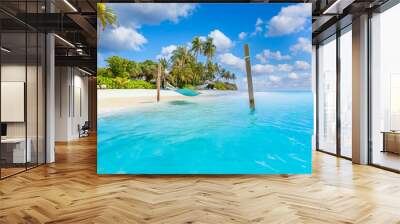 Traveling outdoor recreational leisure beach scenery with hammock over amazingly calm ocean lagoon. Amazing paradise island shore, coast palm trees. Freedom romance couple destination nature landscape Wall mural