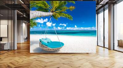 Tropical beach background as summer landscape with beach swing or hammock and white sand and calm sea for beach banner. Perfect beach scene vacation and summer holiday concept. Boost up color process Wall mural