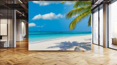 Tropical beach panorama as summer relax landscape with beach swing or hammock hang on palm tree over white sand sea beach banner. Amazing beach vacation summer holiday concept. Luxury romantic travel
 Wall mural