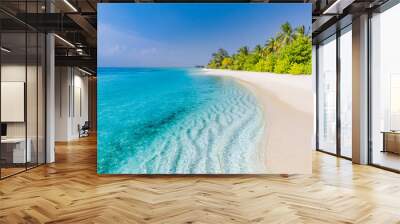 Tropical beach scene, blue sea and palm trees and white sand, summer vacation and holiday background concept Wall mural