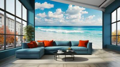 Tropical sunny beach view. Calm sunshine relaxing empty beach scene, blue sky happy clouds white sand. Tranquil nature shore coast landscape. Seaside beachfront horizon seascape in sunlight. AI gen Wall mural