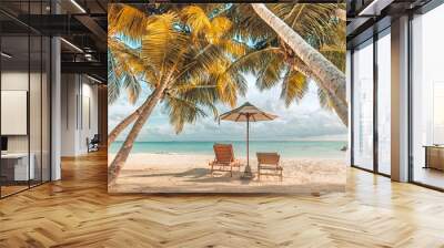 Wonderful beach scenery, palms and sun beds with sea view. Tropical beach landscape as summer vacation and holiday resort template Wall mural