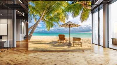 Wonderful beach scenery, palms and sun beds with sea view. Tropical beach landscape as summer vacation and holiday resort template Wall mural