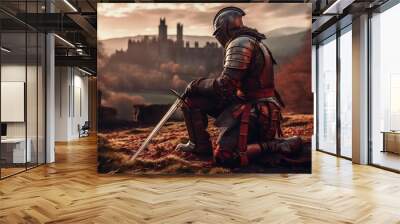 AI generated illustration of a knight in full medieval armor on knees atop a grassy hill Wall mural