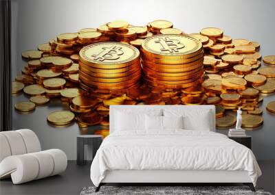 Bitcoins on the table, cryptocurrency background image Wall mural