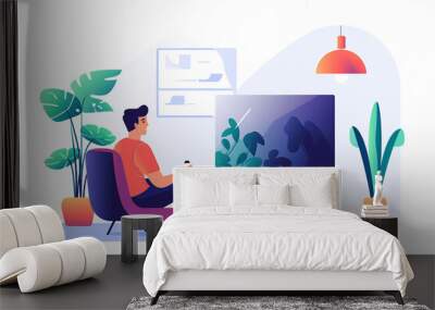 The person watching TV in the home. Flat graphic vector illustration isolated on a white background. Wall mural