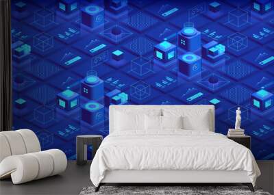 Abstract technology background. Blockchain concept banner. Isometric digital blocks connection with each other crypto chain. Blocks and cubes engineering innovations design. Vector illustration Wall mural