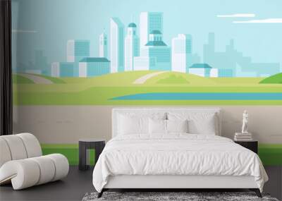 Beautiful summer or spring outdoors urban city park. Panoramic cityscape concept horizontal banner vector illustration Wall mural