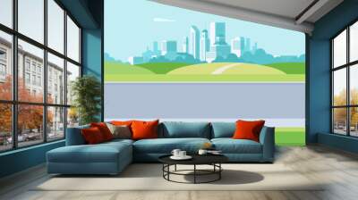 Beautiful summer or spring outdoors urban city park. Panoramic cityscape concept horizontal banner vector illustration Wall mural