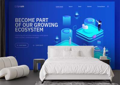 Become part of growing ecosystem isometric vector image on blue background. Space for financial actions and business. Virtual platform. Web banner with copy space for text. 3d components composition Wall mural