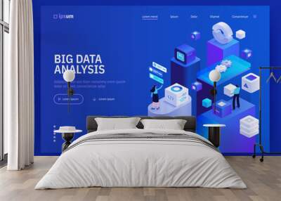 Big data analysis website landing page template. Abstract 3d datacenter. Network mainframe infrastructure. Computer storage or farming workstation. Isometric vector illustration. Wall mural