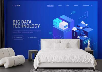 Big data technology. Information storage and analysis system in isometric vector illustration. Digital technology website landing page template. Wall mural