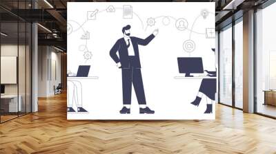 Boss gives instructions to employees in office. Manager distributes tasks and briefs team. Man and woman work at workplaces and cooperation. Vector graphic illustration isolated with character design Wall mural