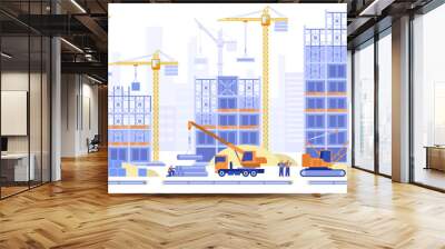 Construction site concept. Builders working on multi-storey buildings, installing pipes for pipeline, loading cranes, architects looking at project plan. Vector illustration scene with tiny characters Wall mural