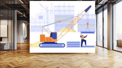 Construction site of building house concept. Crane loads plates, builder works on multi-storey buildings. Real estate business, industrial workers job. Vector illustration scene with people character Wall mural