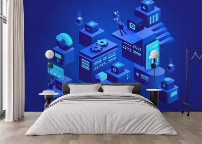 Cryptocurrency mining isometric concept. Blockchain technology, bitcoin mining farm. People working on crypto business, data analysis, financial tools. Vector character illustration in isometry design Wall mural