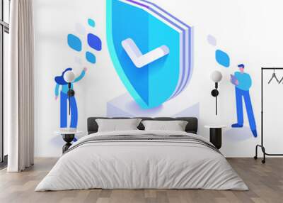 Cyber security and personal data protection. People work in security system. Antivirus program, protection hacker attacks. Verification and authentication users. Vector illustration in isometric view Wall mural