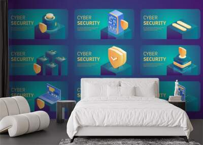 Cyber security concept. Antivirus, encryption, cloud data protection. Software development. Safety internet. Online information protect. Digital technology isometric vector background. Wall mural