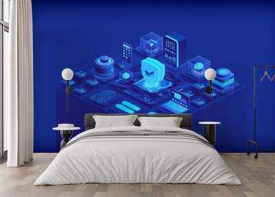 Cyber security concept. Antivirus, encryption, cloud data protection. Software development. Safety internet. Online information protect. Digital technology isometric vector background. Wall mural