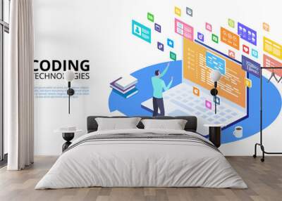 Developing programming and coding technologies concept. Isometric programmer Wall mural