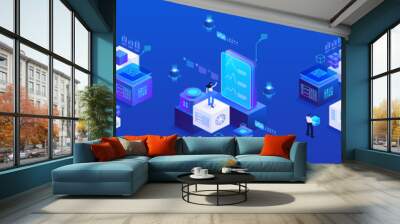 Digital technology in business and finances isometric vector images set on blue background. Cyberspace grounds. Blockchain facilities. Web banner with copy space for text. 3d components composition Wall mural