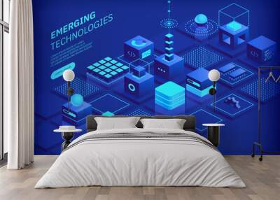 Emerging technologies concept. Abstract futuristic cubes design and different geometric shapes. Digital innovation and artificial intelligence. Blockchain tech. Vector illustration in isometric view Wall mural