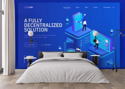 Fully decentralized solution isometric vector image on blue background. Cryptocurrency and blockchain technology. Financial system. Web banner with copy space for text. 3d components composition Wall mural