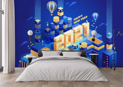 Happy New Year 2021 concept. Futuristic abstract modern business city in isometric view. People work remotely or in office, achieve success in their careers. Vector character illustration template Wall mural