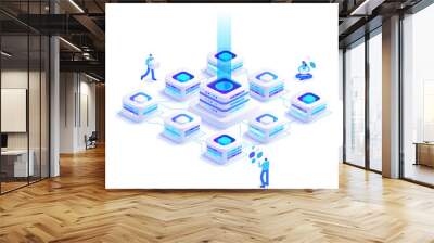 Innovative and digital technologies concept. Computing and processing data. Network connection and internet infrastructure. People work on futuristic equipment. Vector illustration in isometric view Wall mural