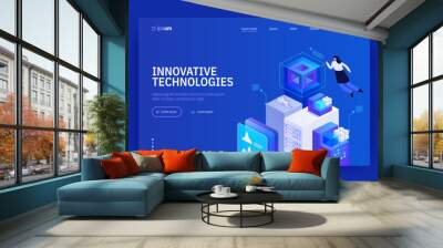 Innovative technologies landing page template. Abstract technology hi-tech communication concept, digital business, innovation, science fiction scene. Vector isometric illustration Wall mural