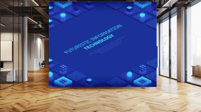 Isometric futuristic information technology blockchain concept. Big data binary code, data flow. Transferring of big data. Interconnected blocks of data. Vector illustration abstract background Wall mural