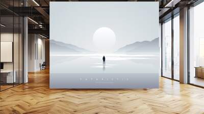 Minimal futuristic landscape. Mountain background with a lonely figure in front of the portal. Sci-Fi poster. Abstract art wallpaper for web, prints, art decoration and applications. Vector Wall mural