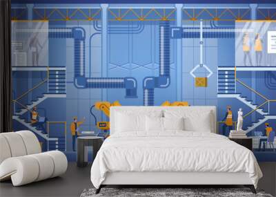 Smart factory interior with robotic arms, workers, engeneers and manager. Wall mural