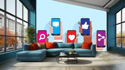 Social media applications. Mobile applications concept. Multi skin color hands raising smartphone. Wall mural