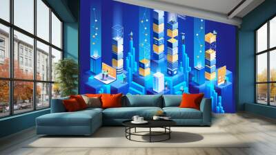 Technology isometric concept. Digital blocks connection with each other. Wall mural