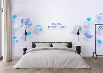 Web banner design of digital technologies concept. Abstract isometric cubes with text place on white background. Online communication and blockchain. Vector illustration of advertising landing page Wall mural