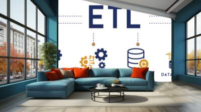 Etl banner website icon vector illustration concept of extract transform load with icon of extraction, staging area, data warehouse and analytics on white background Wall mural