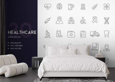 Healthcare icon set thin line icons collection with 
 fully editable stroke vector illustration with the basic icons of healthcare and medical field Wall mural