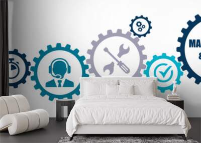 Maintenance and repair banner vector illustration with the icons of assistance, service, equipment, communication, support, technology, technical, operation, industry, tools, agreements, construction Wall mural