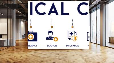 Medical care banner website icons vector illustration concept of with an icons of hospital, health care, emergency, doctor, insurance, cost, safety, mobile app, patient, clinic on white background Wall mural