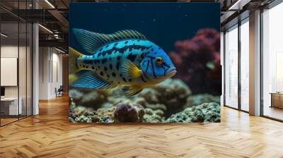 The green terror or Andinoacara rivulatus, colorful freshwater fish in the cichlid family. Colorful of ornamental fish, African cichlids, Malawi Peacock in fish tank. Aulonocara maylandi Wall mural