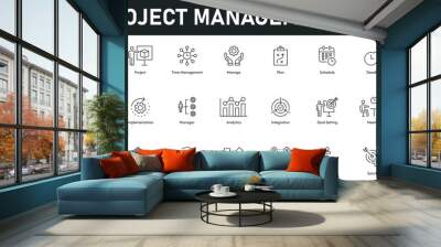 Project Management Icons vector illustration with thin line editable stroke containing time, management, plan, schedule, deadline, budget, task, implementation, analytics, integration, goal setting Wall mural