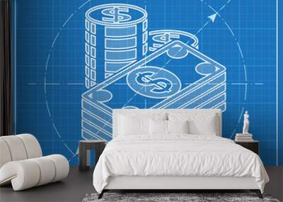 Cash illustration. Paper money with coins vector blueprint icon Wall mural