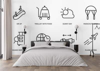 airport terminal outline icons set. thin line icons such as or up, trolley with food, sunny day, parachute open, luggage inspection, time zones, airplane security belt, plane flying vector. Wall mural